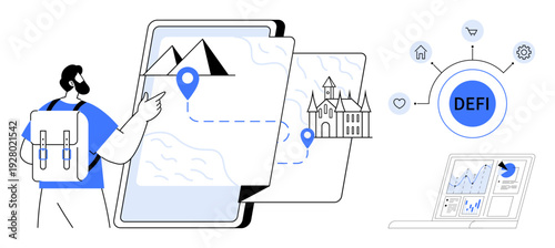 Travel planning, blockchain technology, decentralized finance, data visualization, smart contracts, remote interaction. A man with a backpack views mapping tools and digital charts. Travel planning