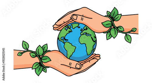 Illustration of two hands cradling a globe with green vines wrapped around wrists on a white background.