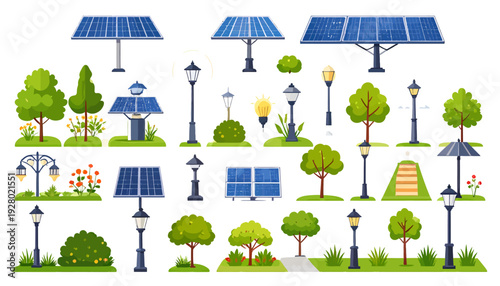 Collection of Solar Powered Street Lights and Trees.
