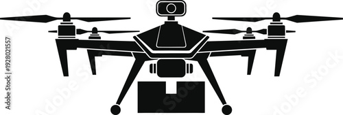 Quadcopter Drone with Camera Silhouette Icon, Aerial Photography and Remote Control UAV Technology Vector Illustration