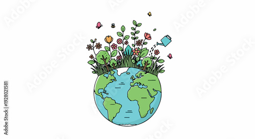 Illustration of the Earth with plants and trash flying out against a white background.