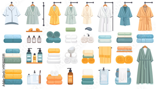 Collection of Towels Toiletries Robes and Clothing.