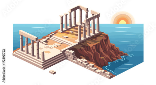 ancient greek temple ruins on sea cliff with sunset in isometric vector style
