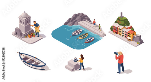 isometric coastal village scenes with boats people exploring and photography in hand drawn style