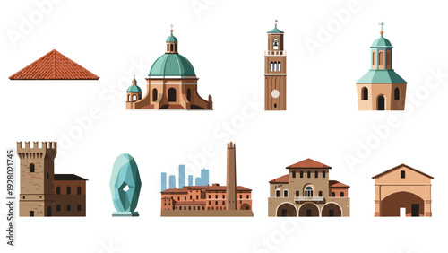 set of hand drawn historical and modern architectural landmarks with towers domes and sculptures