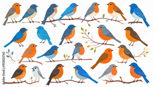 Collection of Various Cartoon Birds on Branches.