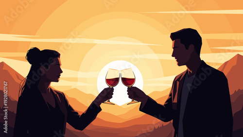 silhouettes of couple toasting with wine glasses during sunset in hand drawn style romantic outdoor scene