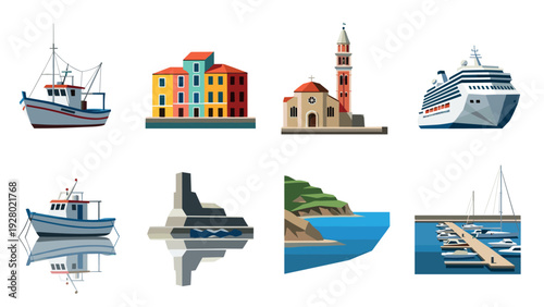 set of colorful coastal buildings boats cruise ship and marina flat vector illustration