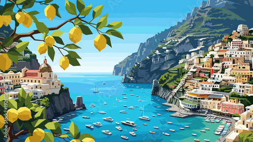 port coast landscape with colorful houses boats and lemon tree branches hand drawn scenic illustration