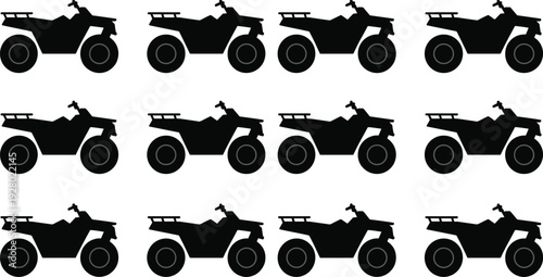 Black ATV quad bike silhouette icon set, all terrain vehicle side view collection isolated on white background for transport, motorsport and adventure design.