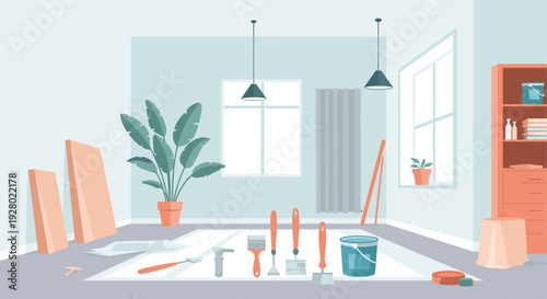 interior room with painting and renovation tools hand drawn minimalist design
