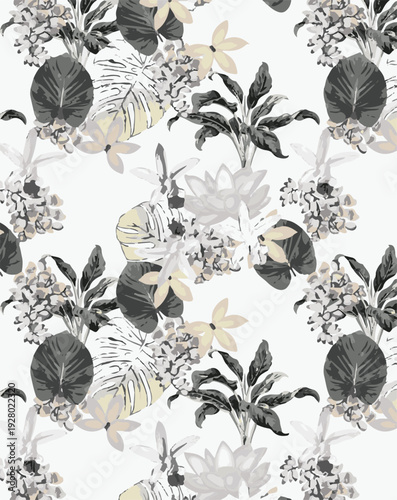botanic seamless pattern with exotic flowers and leaves, hand drawn background. floral pattern. Tile with tropical leaf