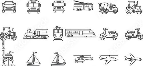 transportation icon set car bus train airplane helicopter ship scooter tractor vehicle outline vector transport collection modern mobility illustration pack