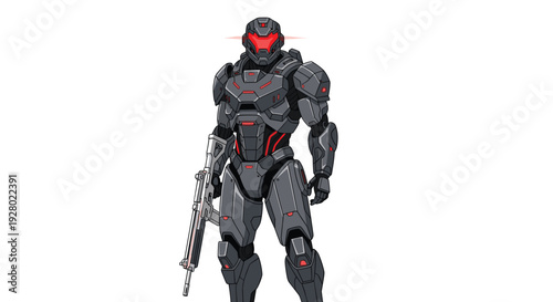 Dark pixel art robot with glowing red visor and rifle on white.