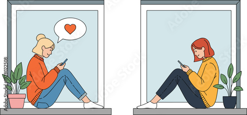 Two women texting on smartphones from separate windows, online friendship and long distance communication concept illustration showing digital connection and social interaction