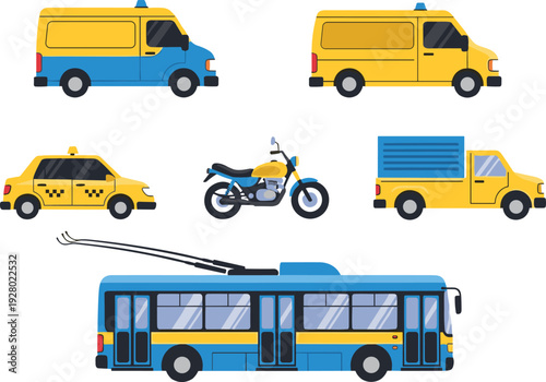 Urban transport vehicles collection, taxi van truck motorcycle trolleybus vector illustration, public city transportation flat design isolated colorful mobility set