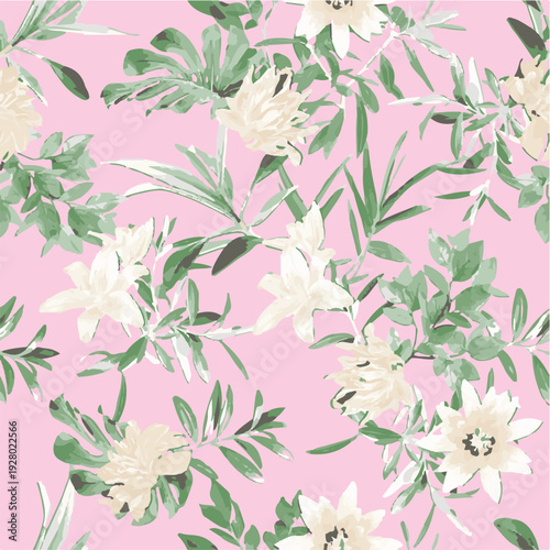 botanic seamless pattern with exotic flowers and leaves, hand drawn background. floral pattern. Tile with tropical leaf