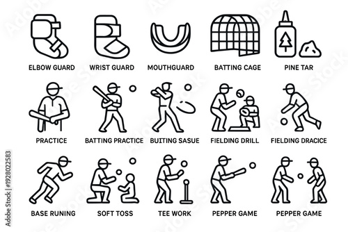 baseball equipment and practice drills hand drawn icon set including elbow guard wrist guard mouthguard batting cage pine tar practice batting hitting fielding running and pepper game