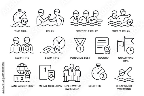 swimming competition icons set with outline hand drawn style for sports and athletic design