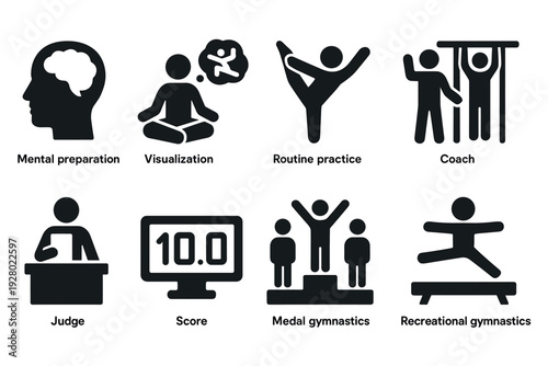 set of gymnastic icons with mental preparation visualization coach judge score medal and recreational practice in black silhouette