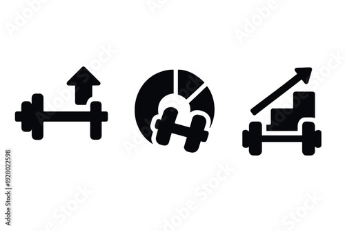 barbell and dumbbell black silhouette set with growth arrow and pie chart symbols in hand drawn style for fitness and workout