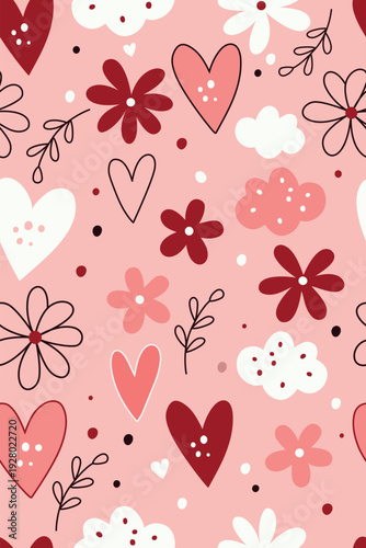 Seamless Floral and Hearts Pattern Background