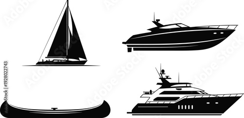 Boat silhouettes set with sailboat motor yacht canoe and luxury superyacht isolated on white background black vector illustration collection