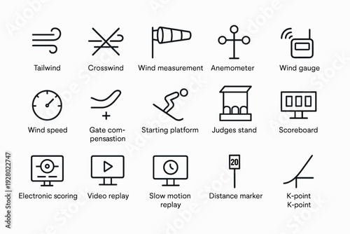 set of ski jumping equipment and measurement icons in minimalist line art style for sports design