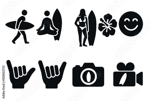 surfing lifestyle icon set with hand drawn surfers hibiscus flower and smiley in black silhouette style