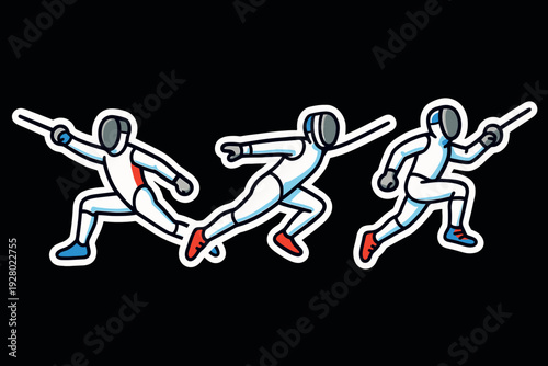 three hand drawn fencers in action with swords in vector style sport illustration