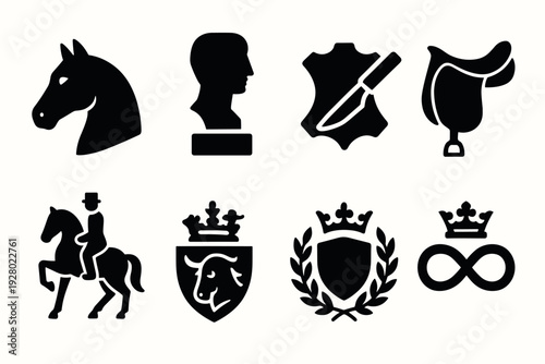 black silhouette horse rider emblem coat of arms knife leather and infinity crown set
