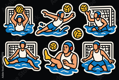 water polo players in action hand drawn vector illustration set with water splashes and goalposts