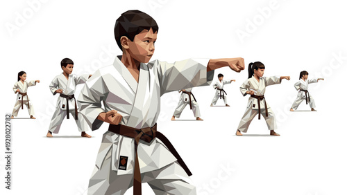children practicing karate martial arts in white uniform with brown belts geometric vector illustration