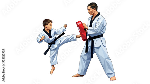 young boy practicing taekwondo kicking with instructor holding red target in hand drawn style