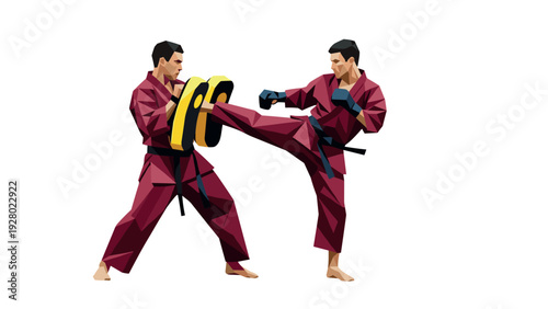 two martial artists practicing karate kick and pad in geometric style