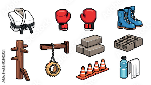 set of hand drawn martial arts and training equipment including gi, boxing gloves, boots, wooden dummy, tire swing, bricks, traffic cones, and water bottle with towel