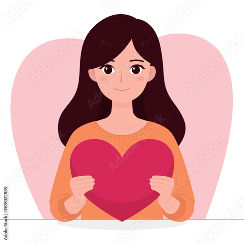Young Woman Holding Heart Symbol Of Love, Affection And Valentine Romance Illustration