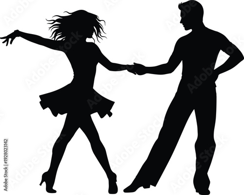 Black silhouette of professional dancers performing ballroom dance, elegant couple in expressive pose, salsa or tango movement, artistic performance.
