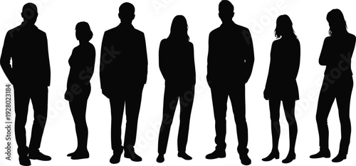 Business team silhouettes collection, men and women standing in formal attire, isolated on white background, corporate professionals group vector illustration.