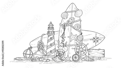 hand drawn nautical collection with surfboard lighthouse shells and marine elements in sketch style