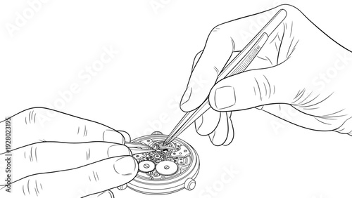 hand drawn illustration of watchmaker repairing pocket watch with tweezers detailed line art