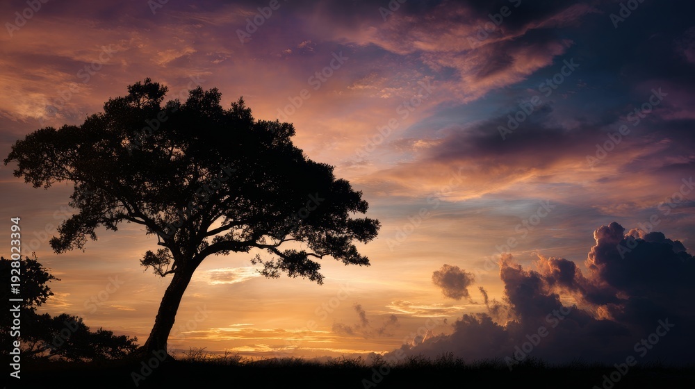 Fototapeta premium Giant tree silhouetted against a sunset sky