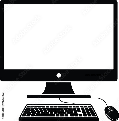 Desktop computer silhouette with monitor keyboard and mouse isolated on white background black vector illustration for office and technology design