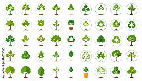 Collection of Various Tree Icons and Illustrations.