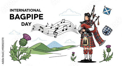 Lively Vector Illustration of Musician Playing Bagpipes in Scottish Attire with Thistles, Tartan, and Rolling Hills for International Bagpipe Day