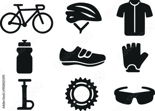 Cycling equipment icon set featuring bicycle helmet jersey water bottle shoes gloves pump chainring and sunglasses isolated on white background