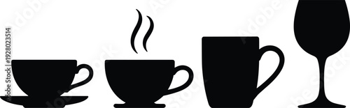 Drinkware silhouettes featuring coffee cups mug and wine glass isolated on white background black vector illustration set
