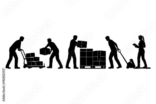 Silhouettes of workers handling boxes and operating equipment in warehouse setting.