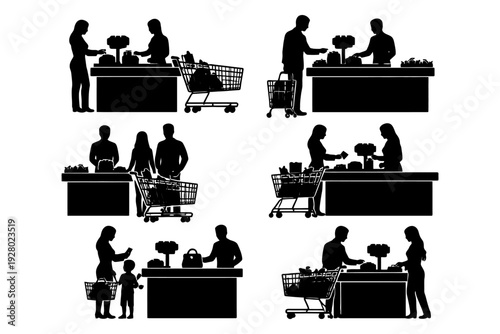 Silhouette shopping scenes illustrating diverse shopping interactions and experiences.