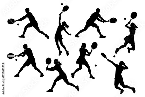 Silhouette of male and female tennis players in action poses.